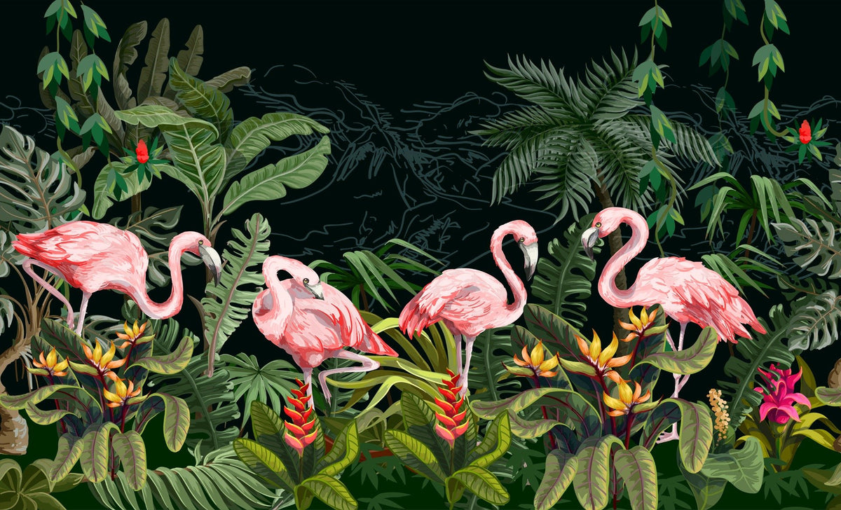 Flamingos in Dark forest wallpaper mural in your room — zoomed