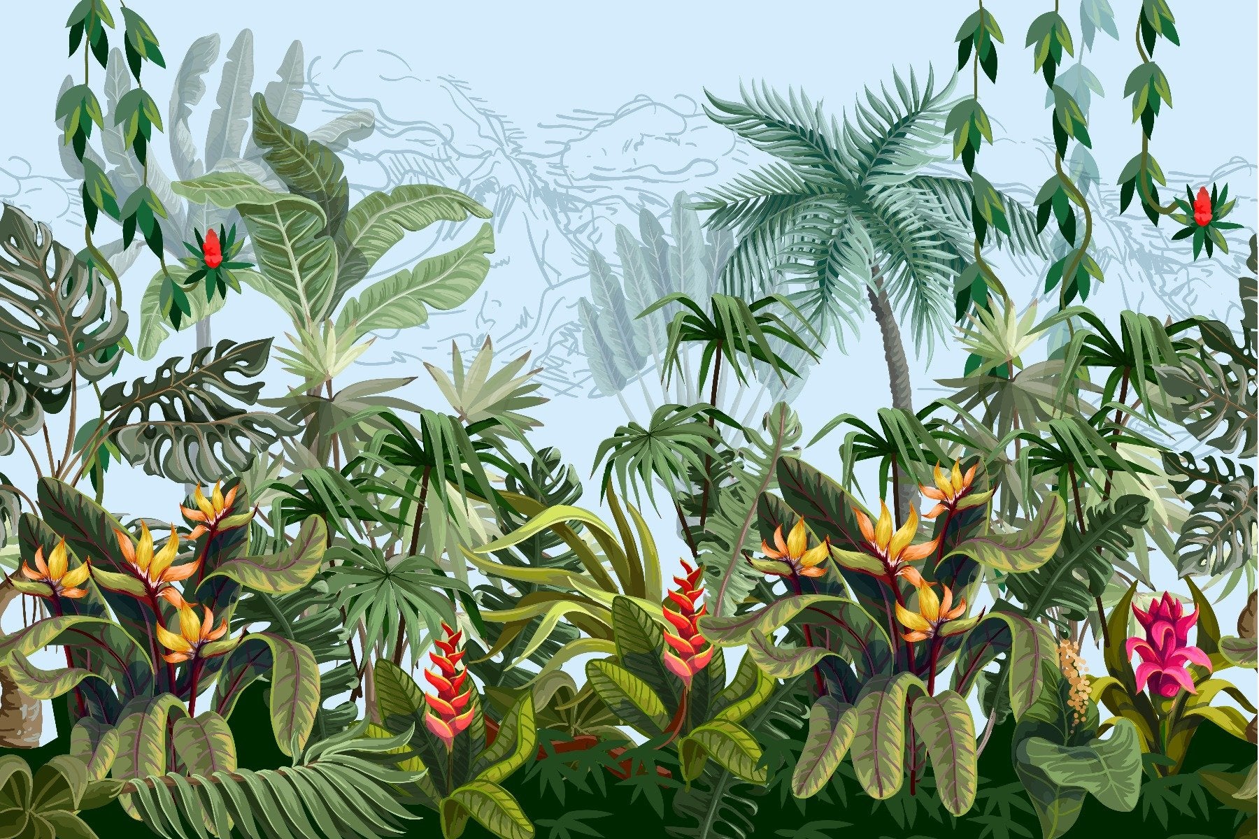 Daytime Colorful Tropical Jungle Design Wallpaper Murals in your room — zoomed