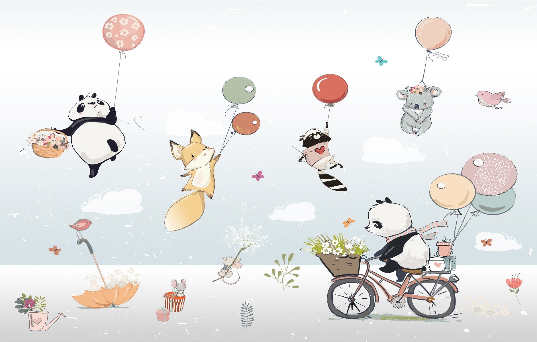 Flying Animals with Balloons in the Air Wallpaper Murals