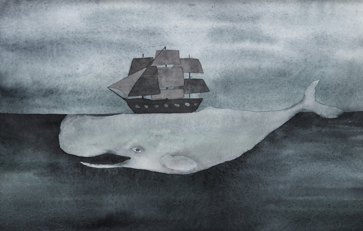 Dark Watercolor Whale design with Ship Wallpaper Murals in your room