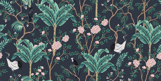 White Birds with Green Leaves & Pink Floral Wallpaper Mural