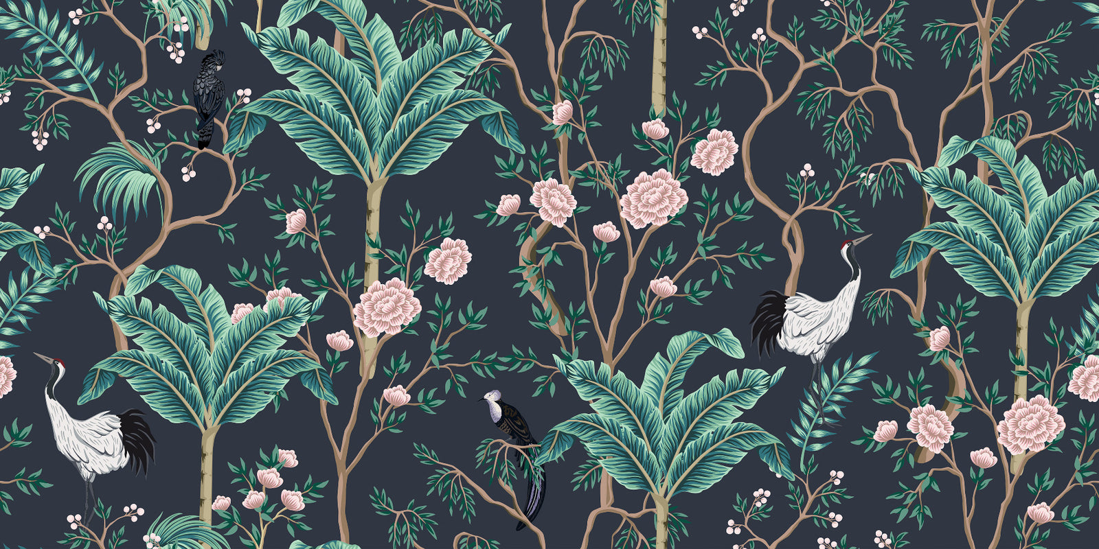 White Birds with Green Leaves & Pink Floral Wallpaper Mural