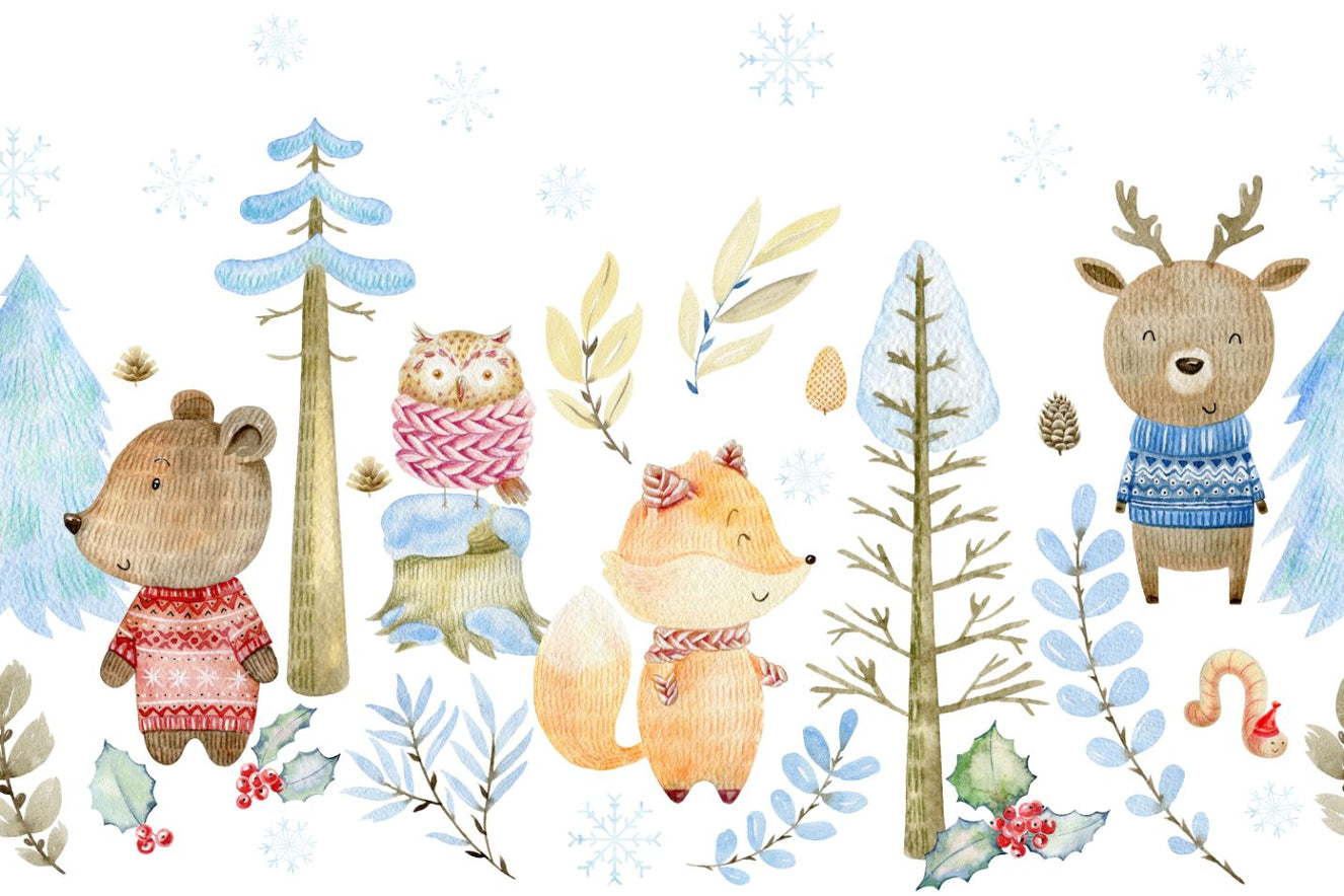 Watercolor Winter Forest Wildlife Wallpaper
