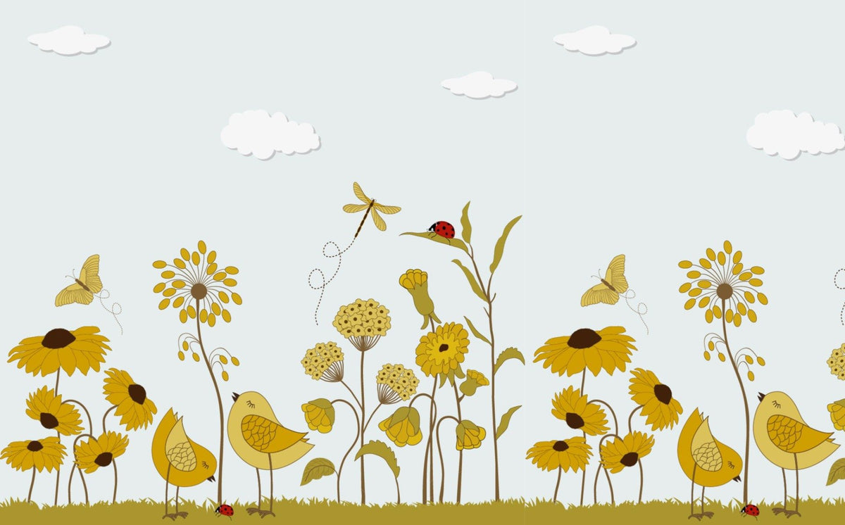 Yellow Flower with Birds Wallpaper Mural in your room — zoomed