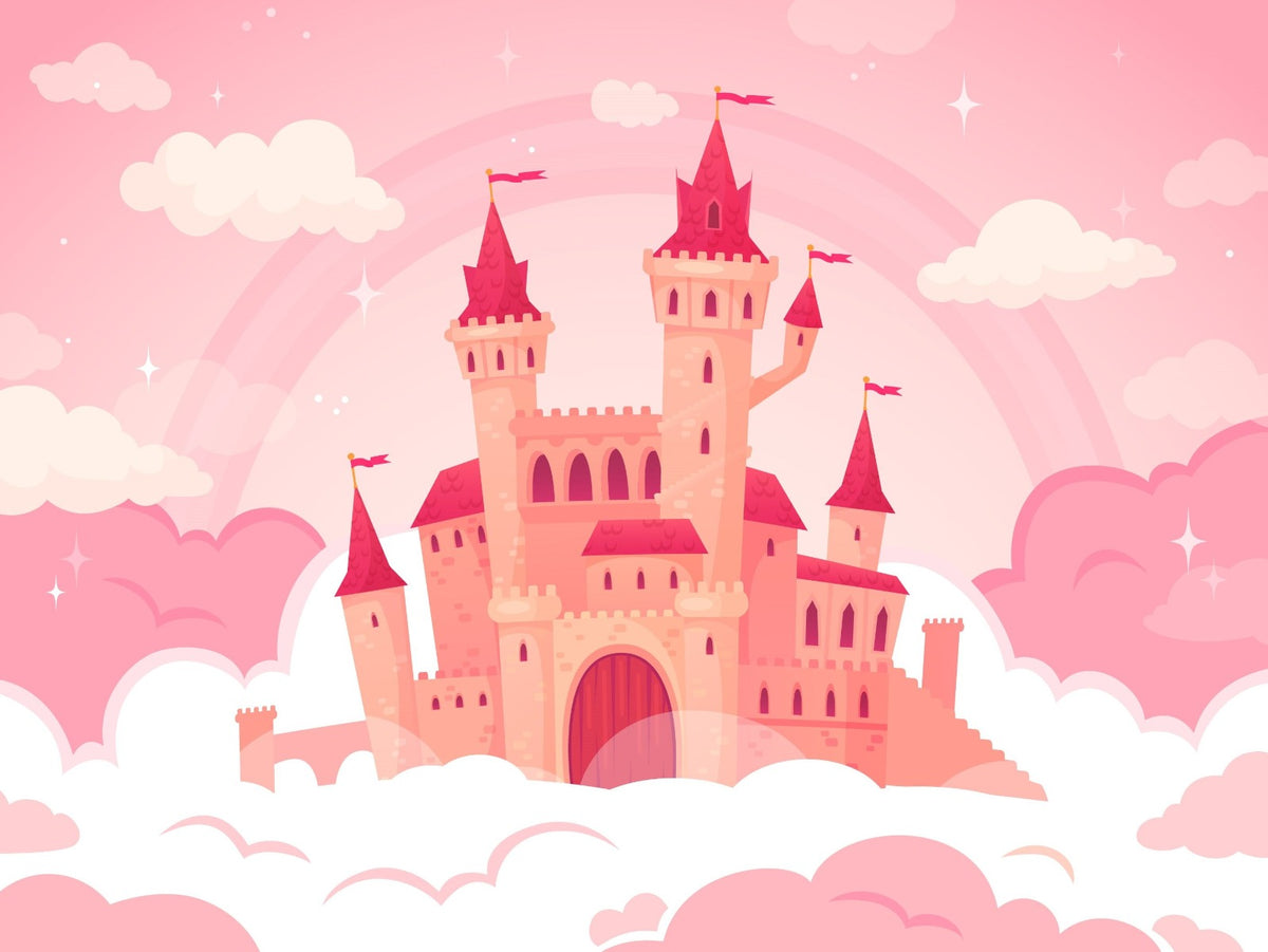 Cute Cartoon Castle in Pink Clouds Wallpaper in your room — zoomed