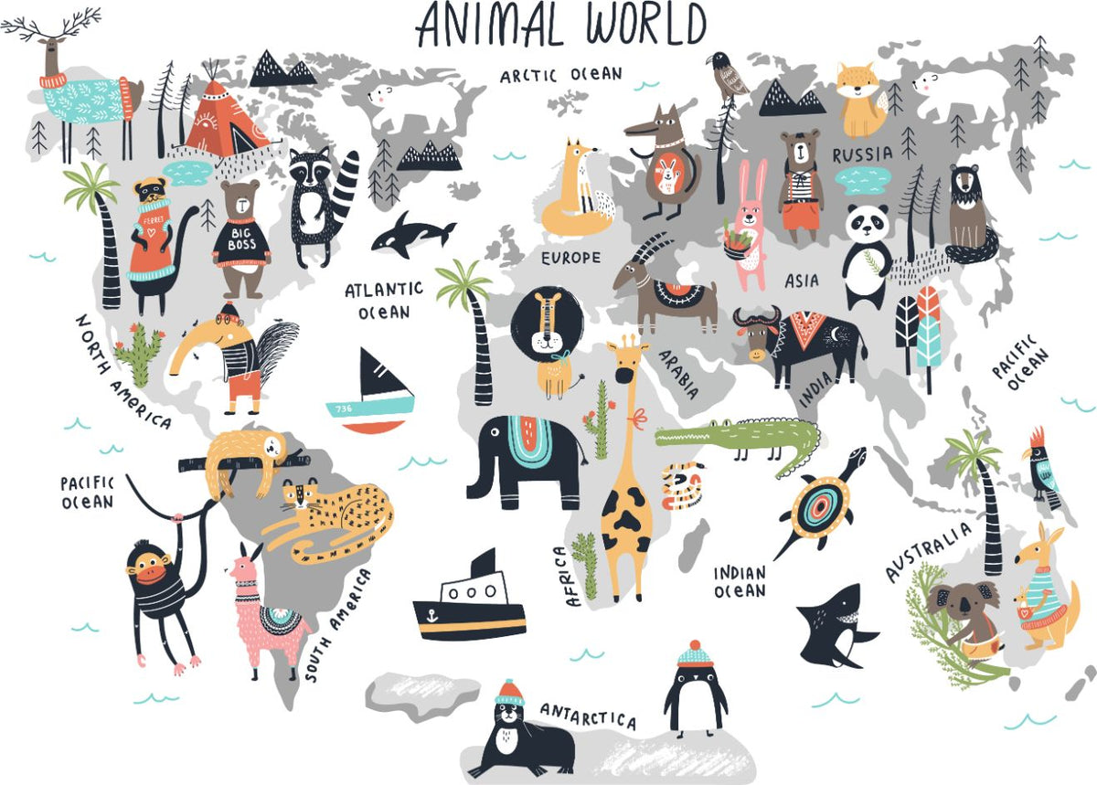 Beautiful Animal World Map Wallpaper in your room