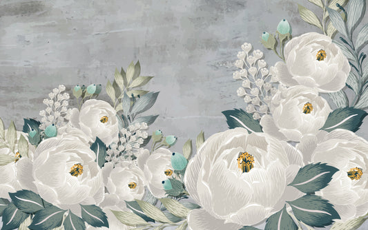 Drawn gray peonies on gray grunge wallpaper