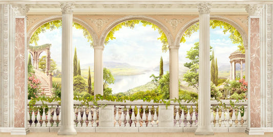 Antique landscape balcony view wallpaper