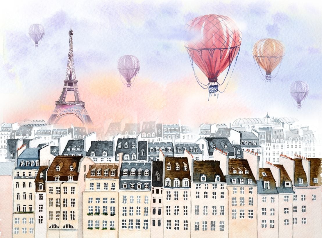 Watercolor Paris with hot air balloon Wallpaper Murals in your room