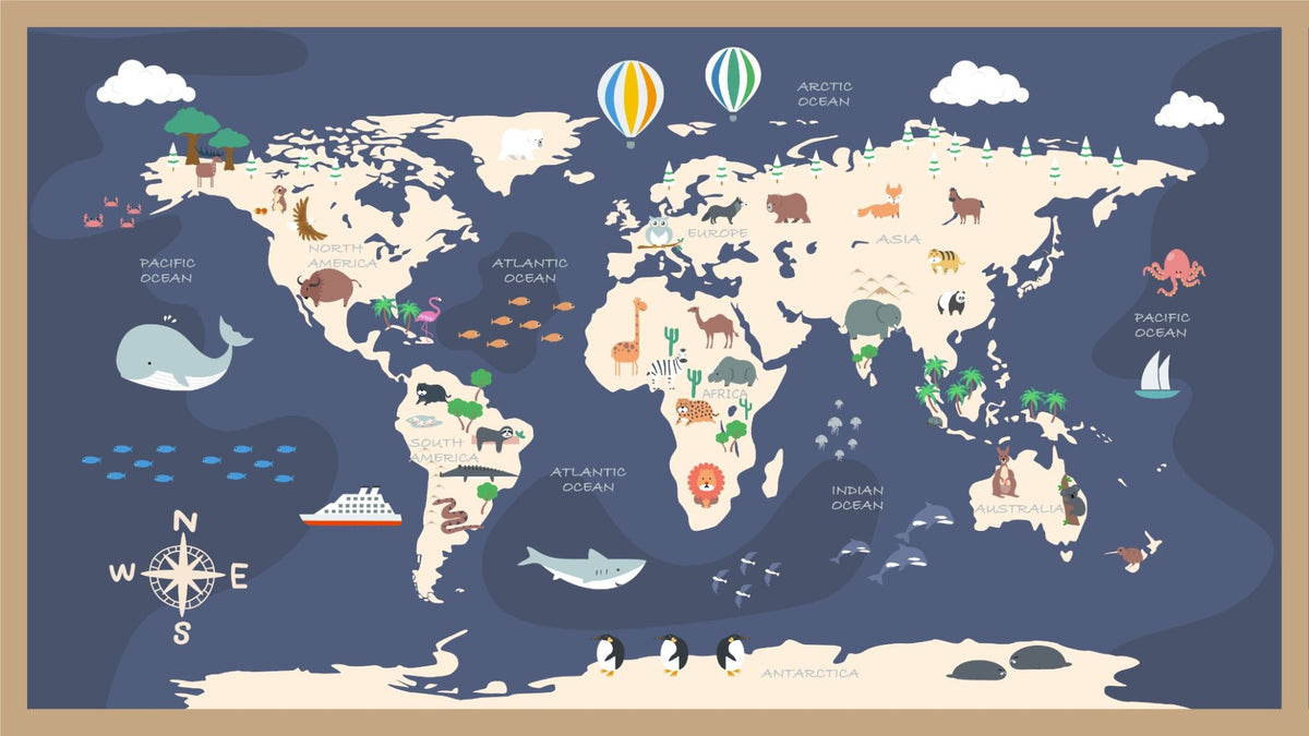 Kids World Map with Cartoon Wallpaper Mural in your room