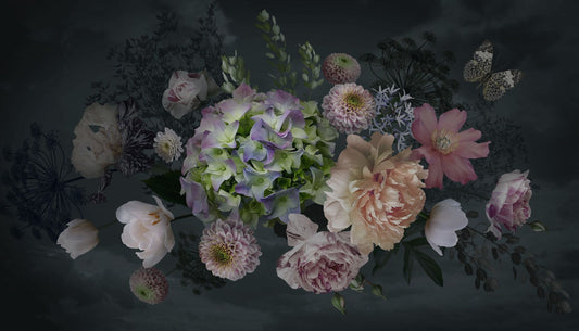 Bouquet Peonies Flower on Black Background Wallpaper Murals