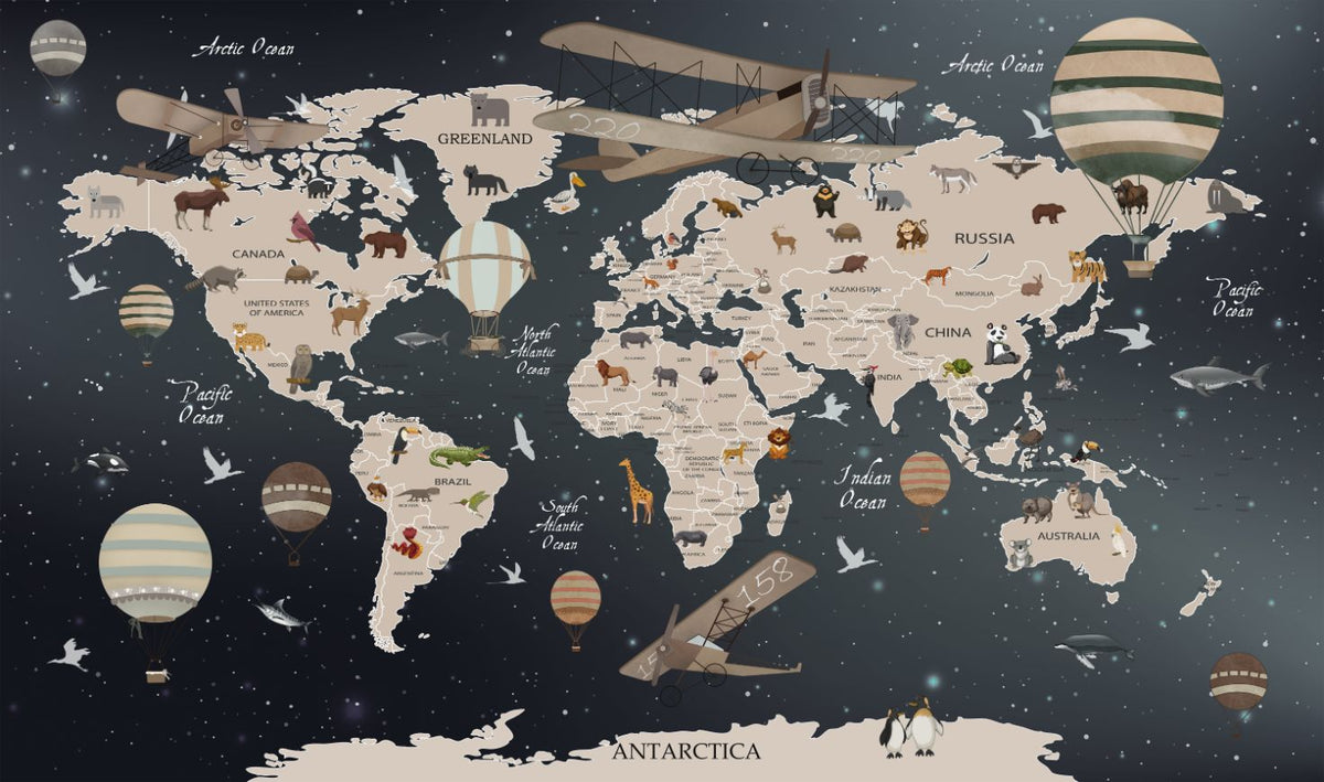 Animals world map wallpaper mural in your room