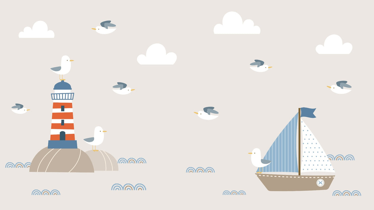 Summer Design Lighthouse Sailboat Cartoon Style Wallpaper Murals in your room — zoomed