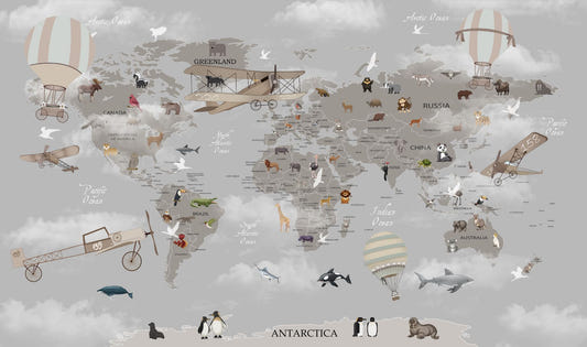 Gray World Map Kids Room Wallpaper