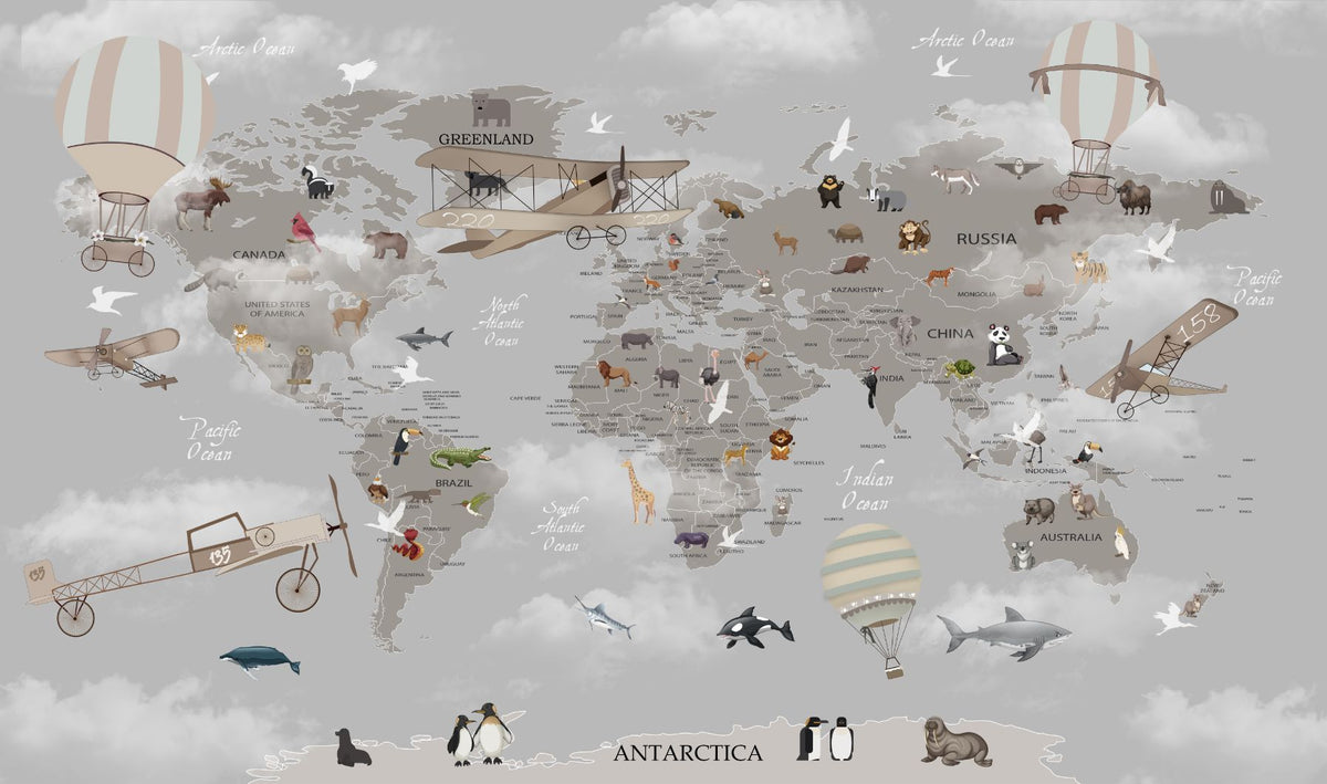 Gray World Map Kids Room Wallpaper