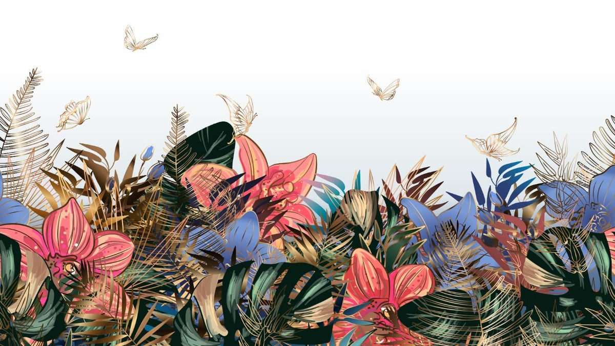 Tropical Leaves Green & Gold Wallpaper Murals in your room — zoomed