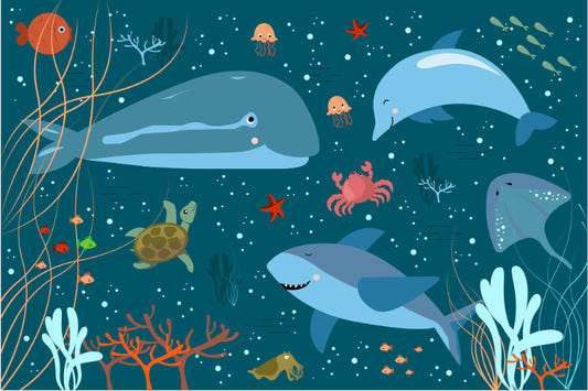 Blue Underwater Cartoon Whales Kids Room Wallpaper Murals