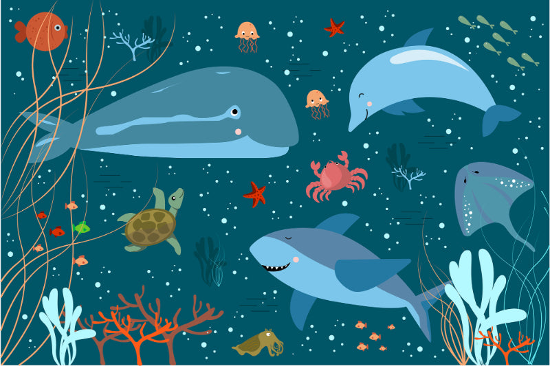 Blue Underwater Cartoon Whales Kids Room Wallpaper Murals in your room — zoomed