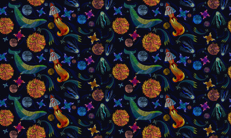 Embroidery Universe Spaceship Whale Wallpaper
