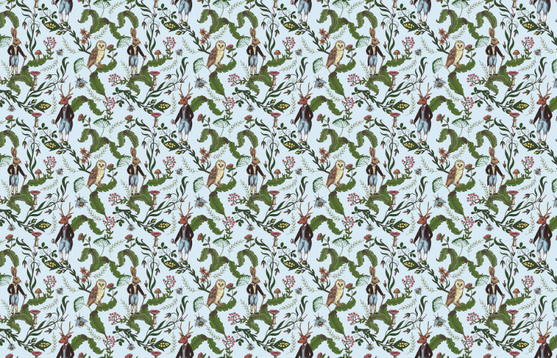Rabbit & Owl with Green Leaves Wallpaper in your room