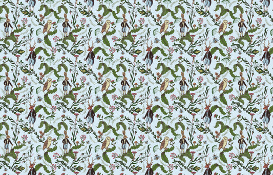Rabbit & Owl with Green Leaves Wallpaper