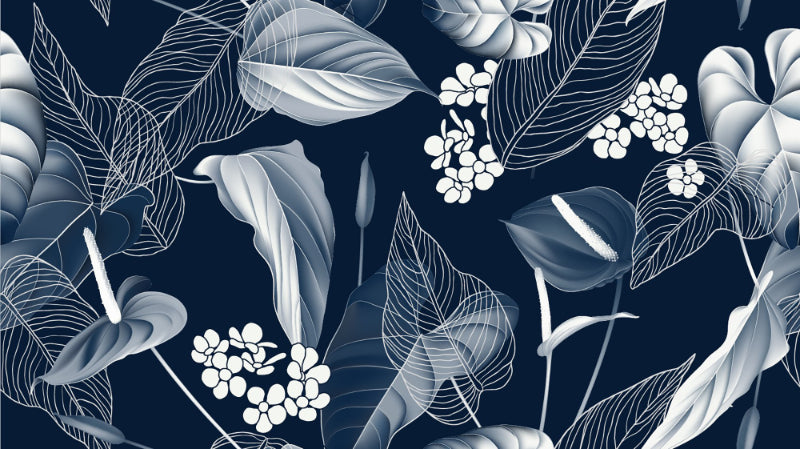Dark Blue Anthurium & Blue Leaves Wallpaper in your room