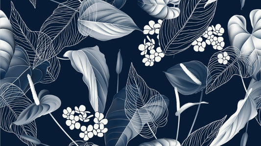 Dark Blue Anthurium & Blue Leaves Wallpaper