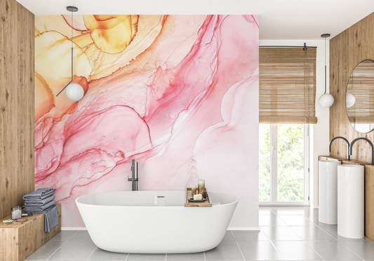 Blue and gold abstract alcohol ink painting murals in a bright bathroom.