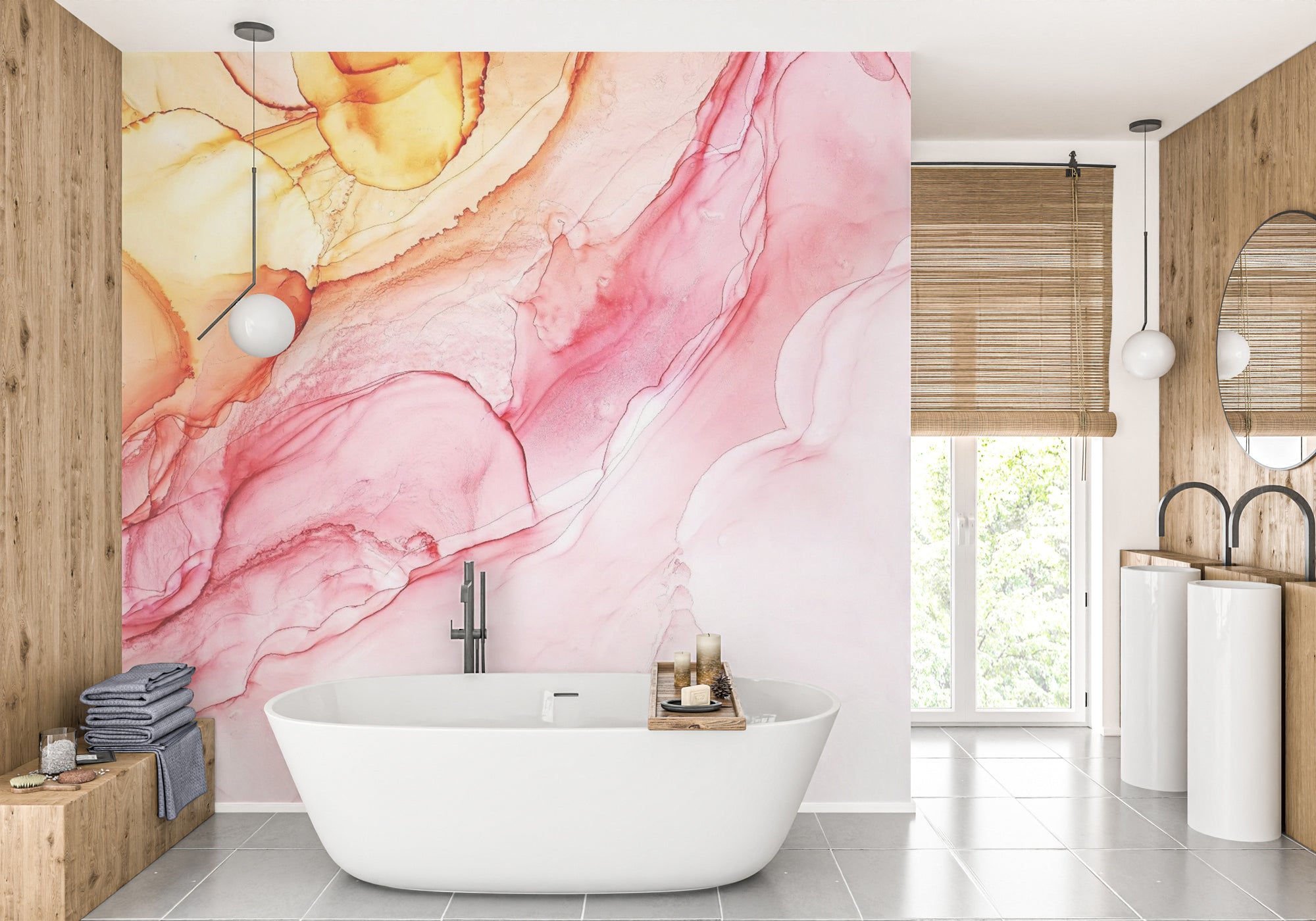 Blue and gold abstract alcohol ink painting murals in a bright bathroom.