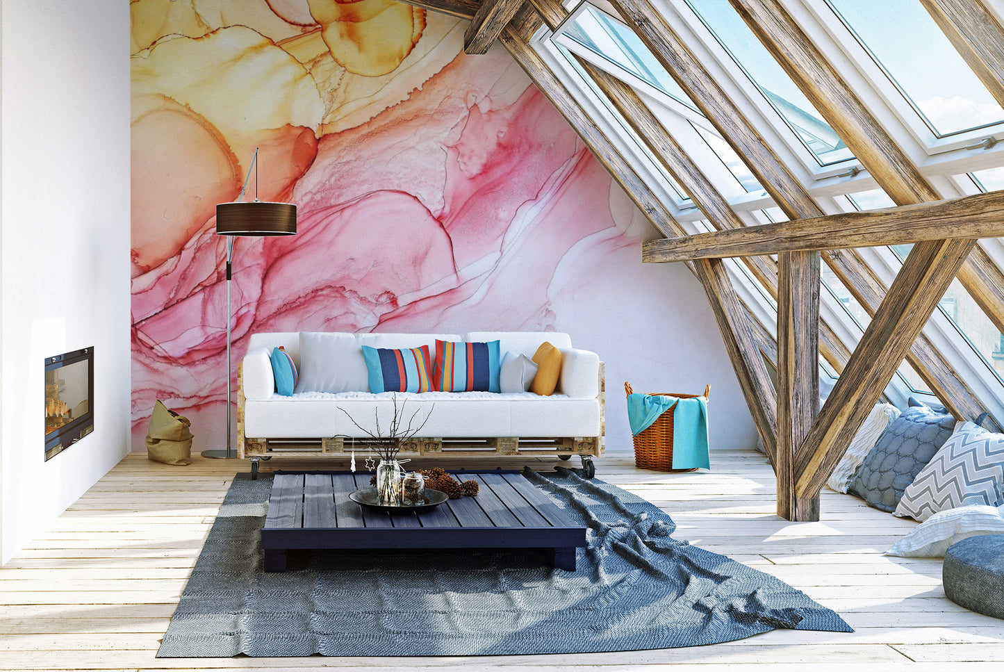 Vibrant alcohol ink painting murals in a contemporary art gallery space.