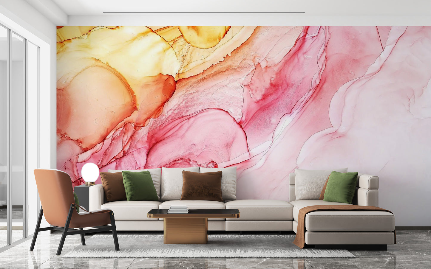 Fluid ink wallpaper for walls behind a minimalist waiting area setup.