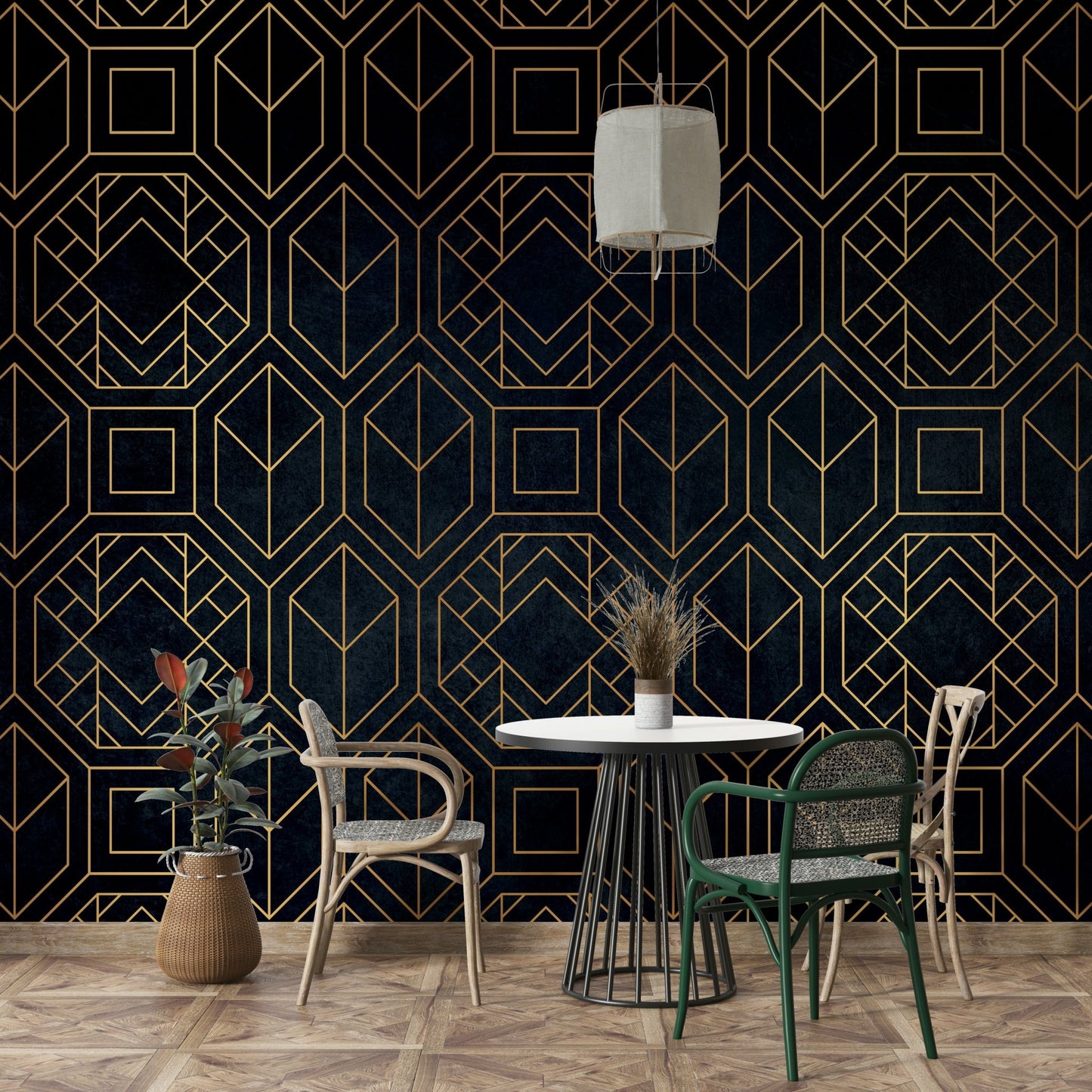 Dramatic Abstract Art Deco mural in charcoal black for walls

