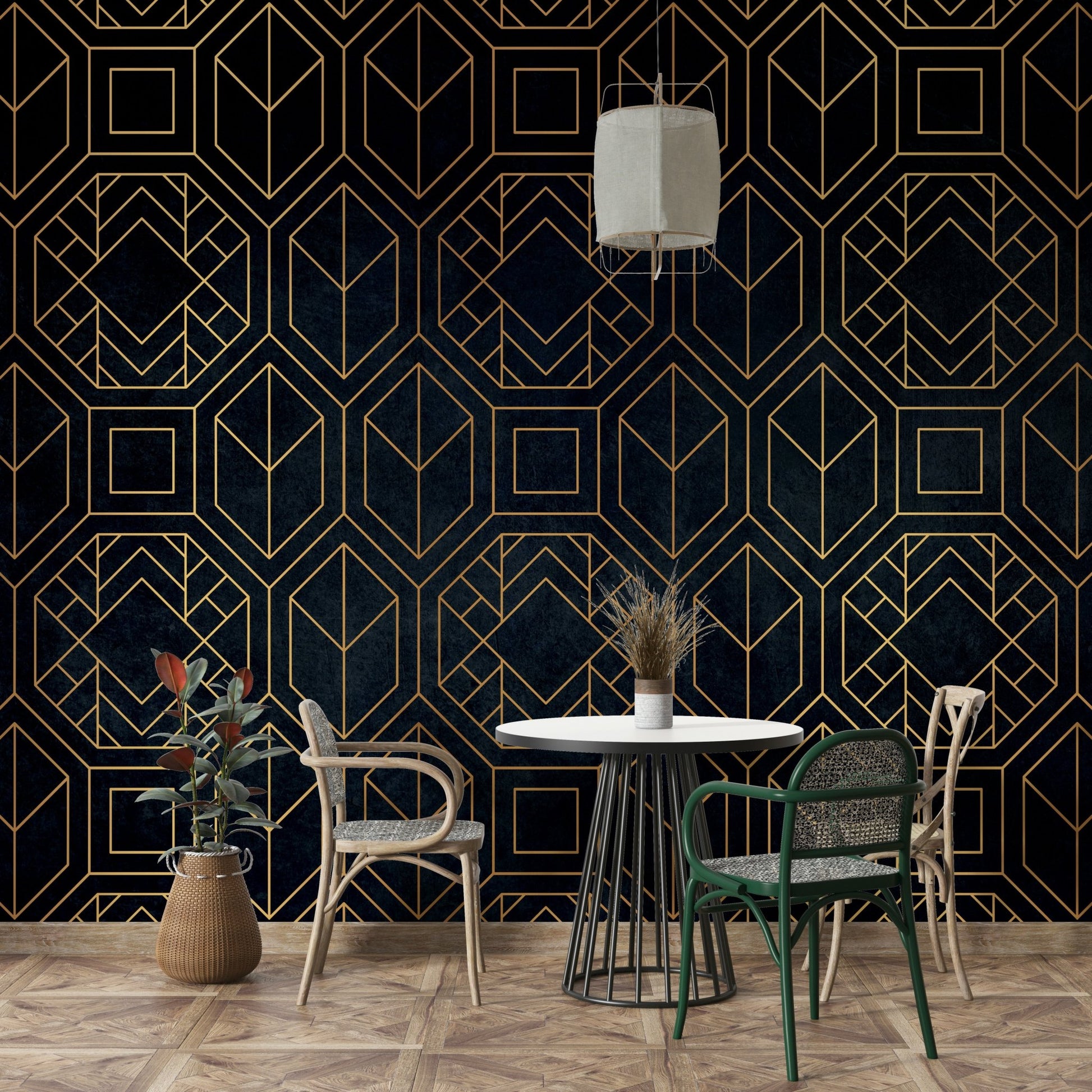 Dramatic Abstract Art Deco mural in charcoal black for walls

