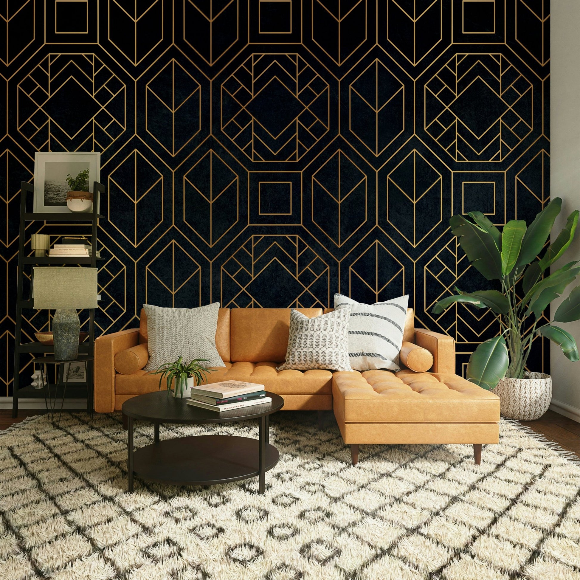 Charcoal black wall mural with Art Deco abstract designs

