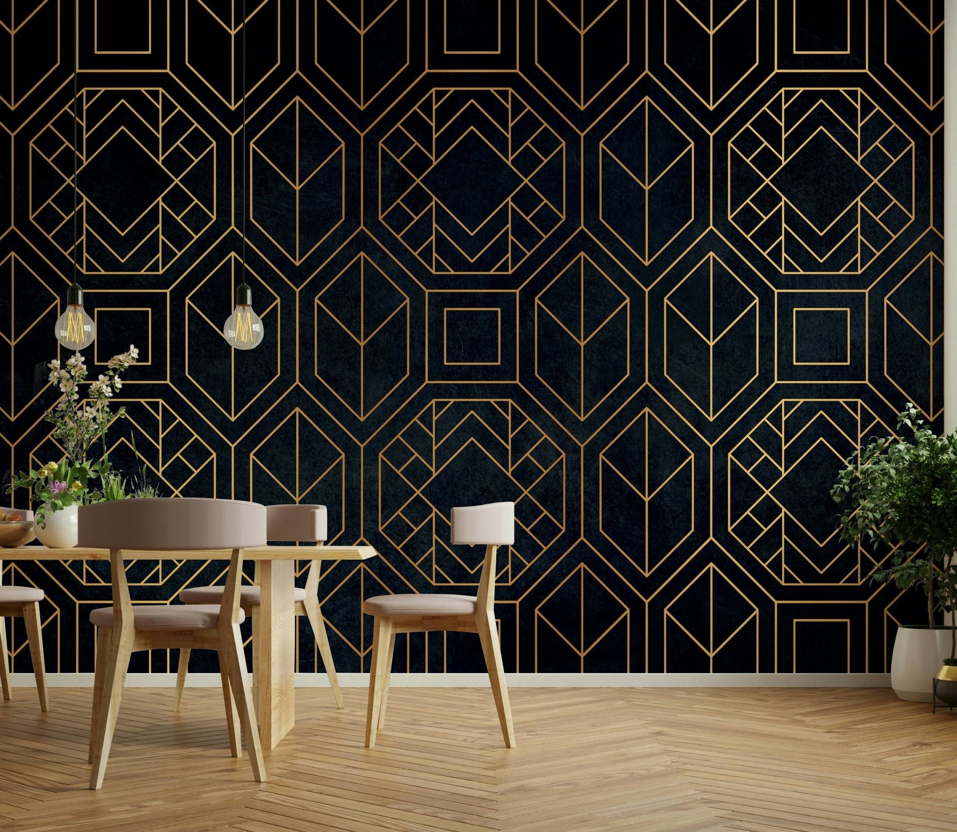 Artistic Abstract Art Deco charcoal black mural for chic spaces

