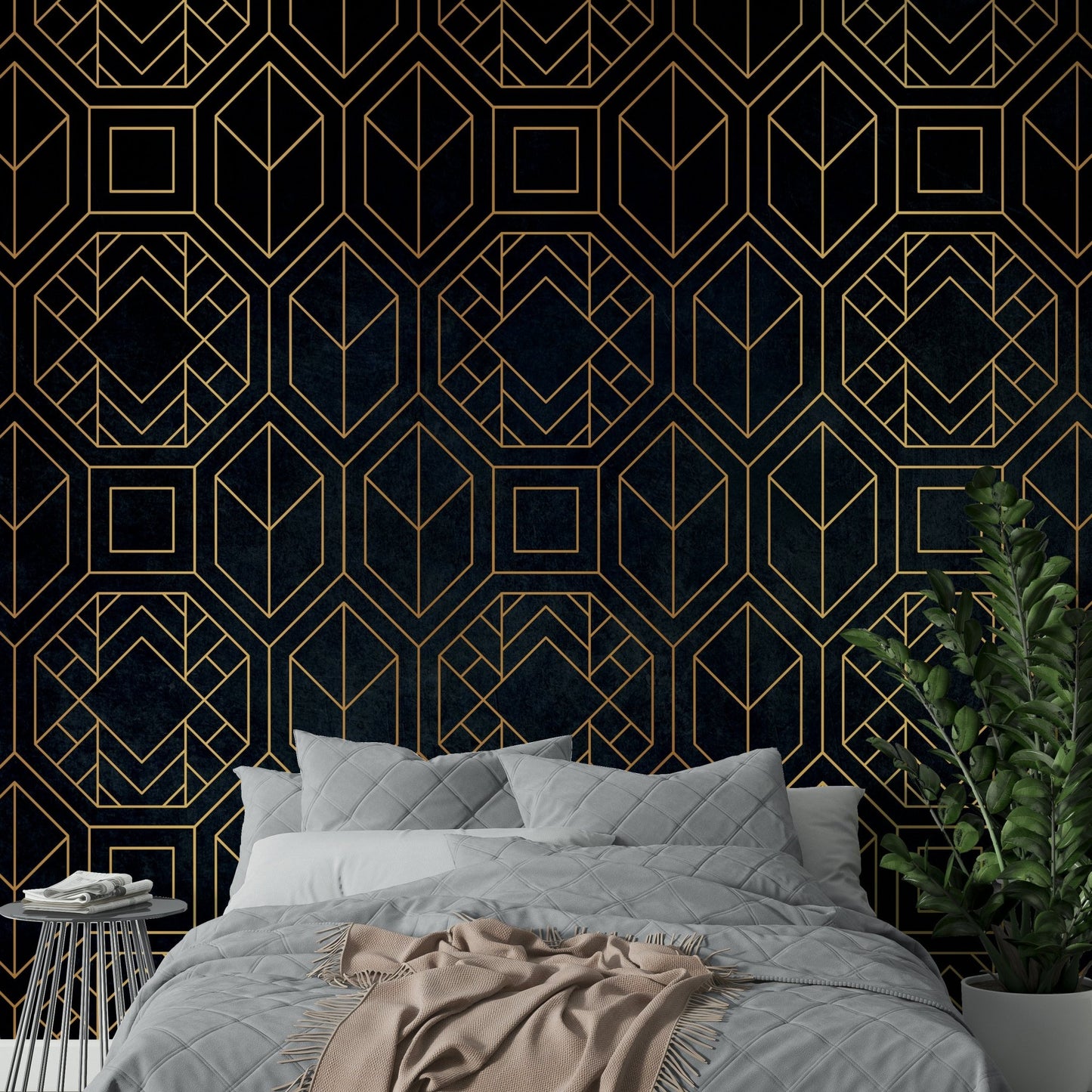 Bold Abstract Art Deco mural in deep charcoal black tones

