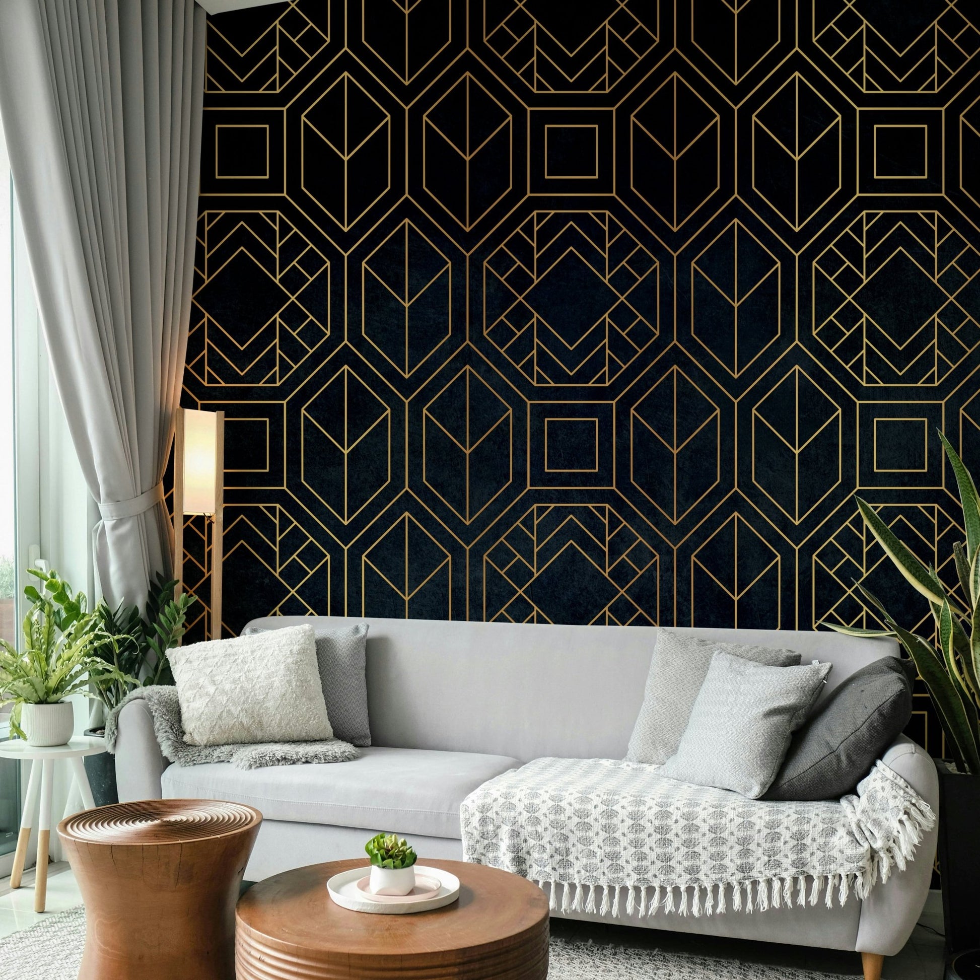 Abstract geometric Art Deco charcoal black mural for interiors

