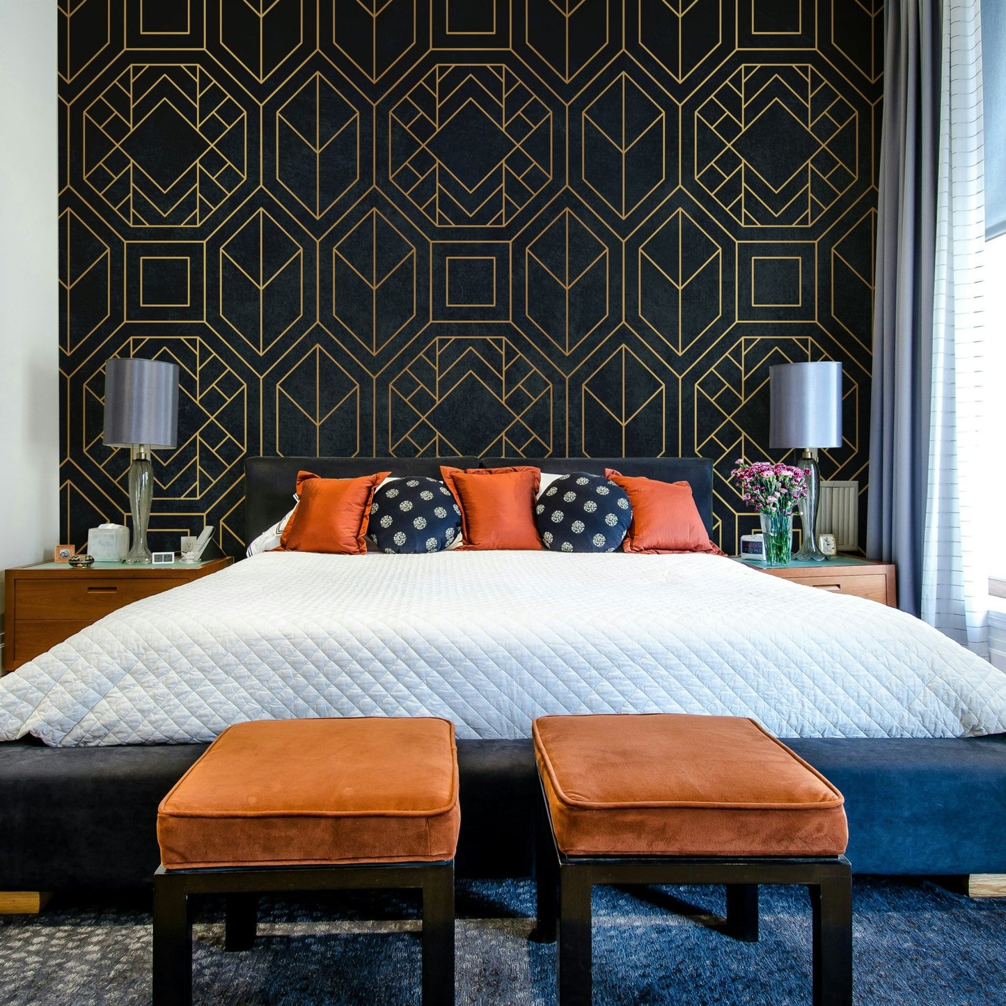 Elegant charcoal black Art Deco mural with abstract patterns

