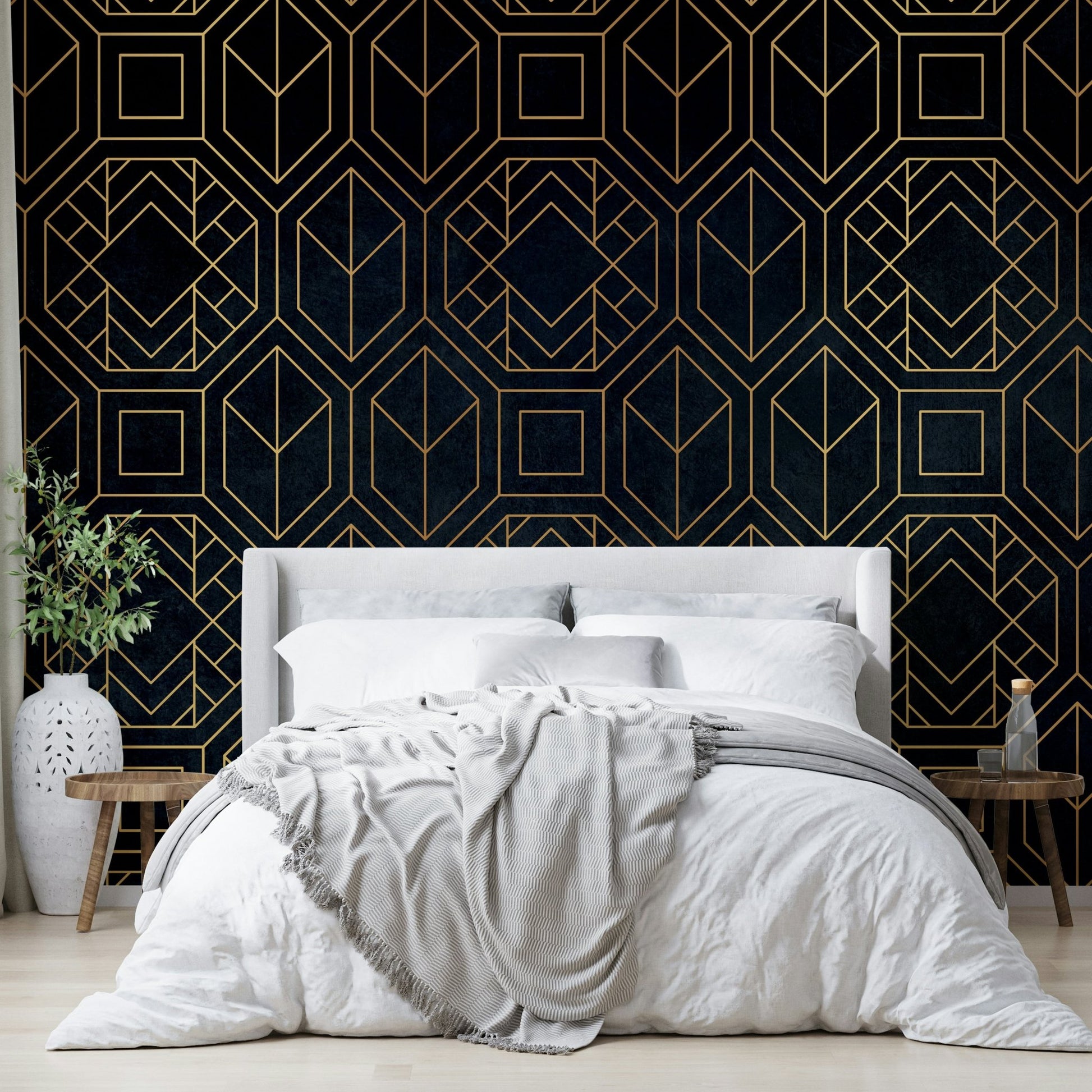 Sophisticated charcoal black Art Deco wall mural with abstract design

