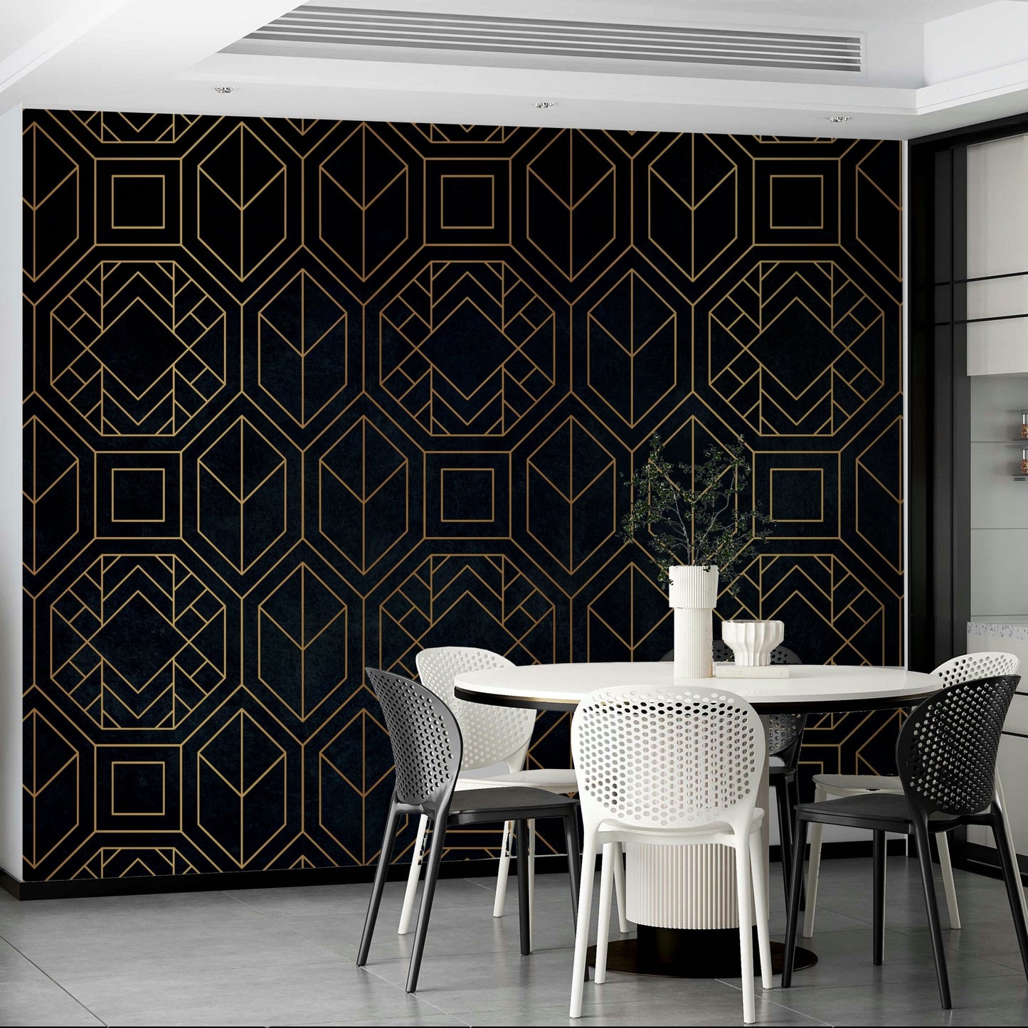 Striking charcoal black Art Deco mural with bold, abstract shapes

