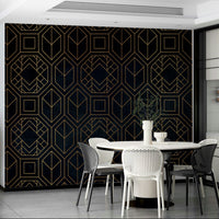 Striking charcoal black Art Deco mural with bold, abstract shapes


