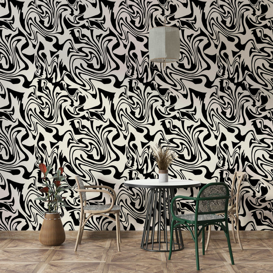 Bold black and white  swirl pattern wallpaper.
