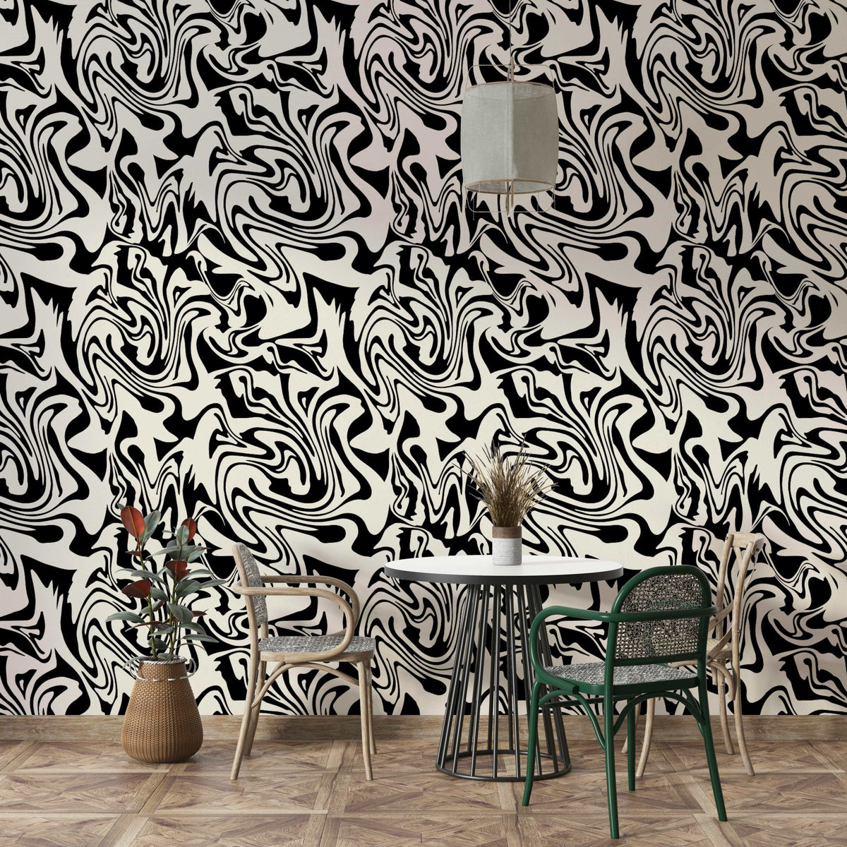 Bold black and white  swirl pattern wallpaper.
