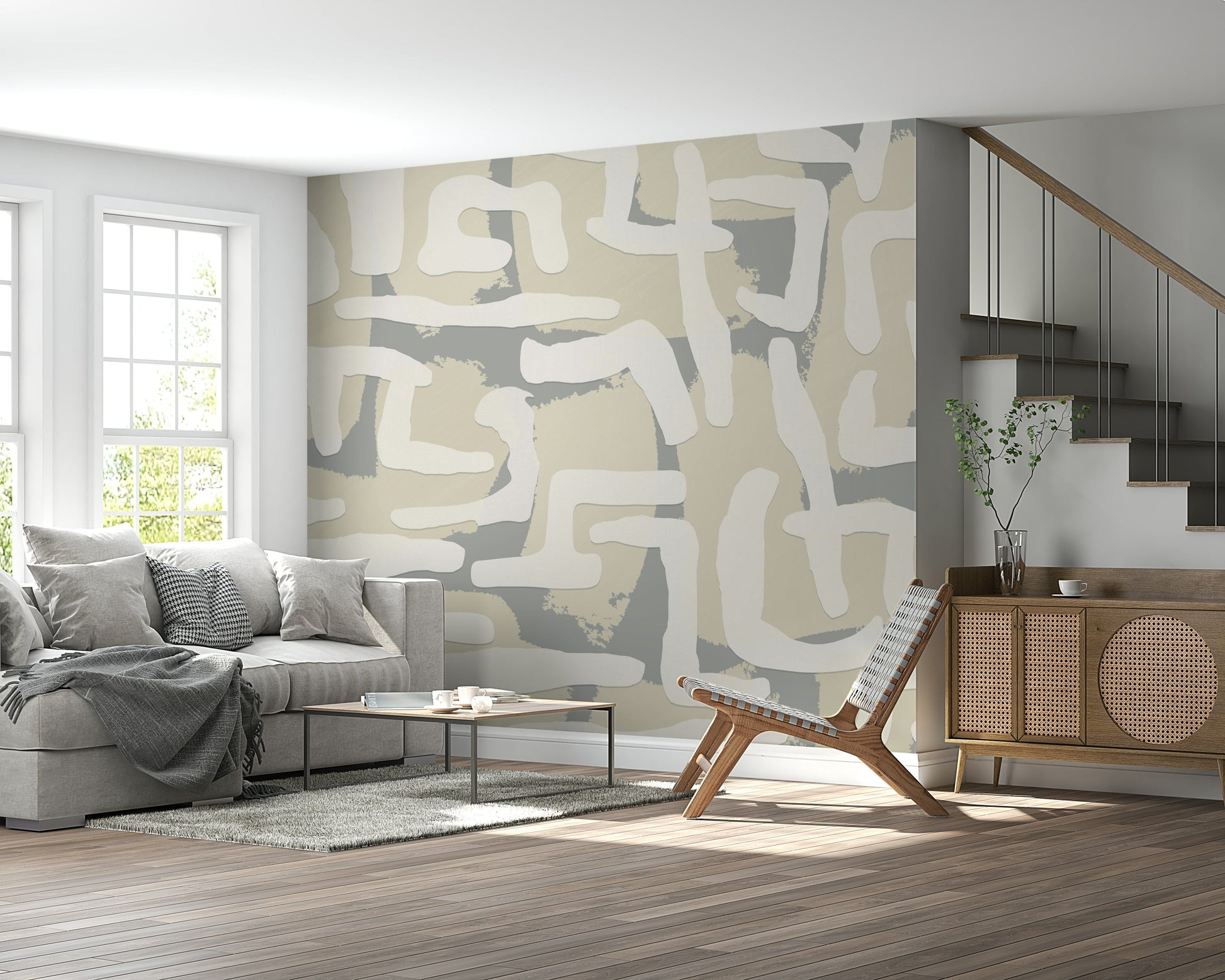 Abstract terrain mural in living room, modern neutral color