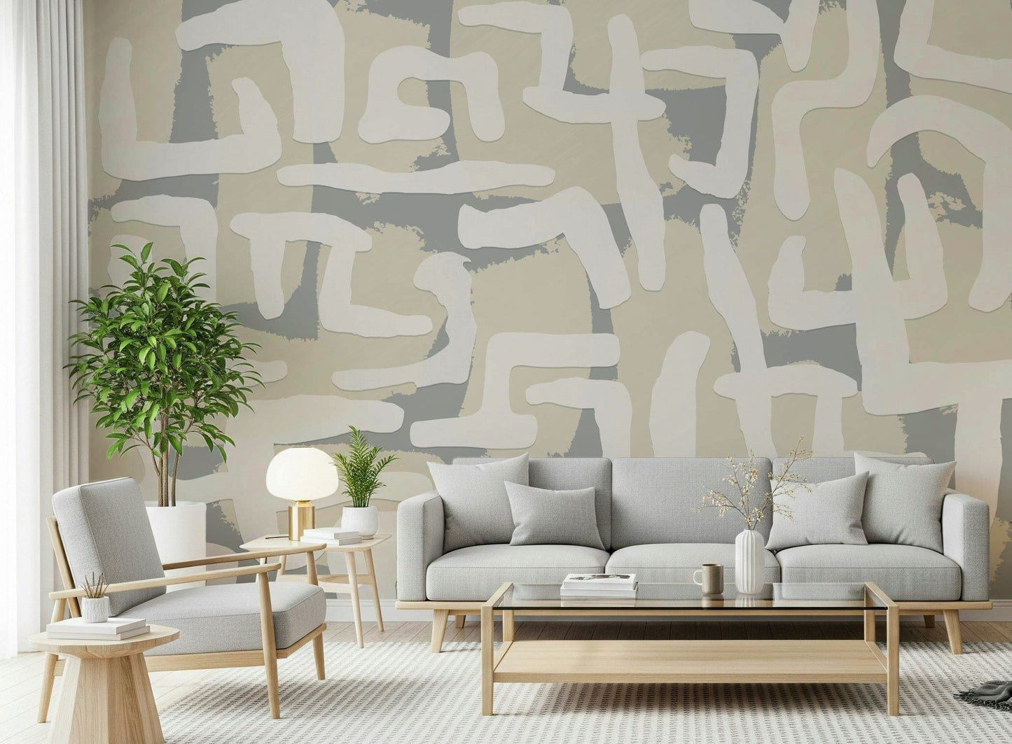 Abstract terrain mural in apartment lounge, modern feature wall