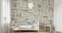Abstract landscape mural in home office, calm modern backdrop