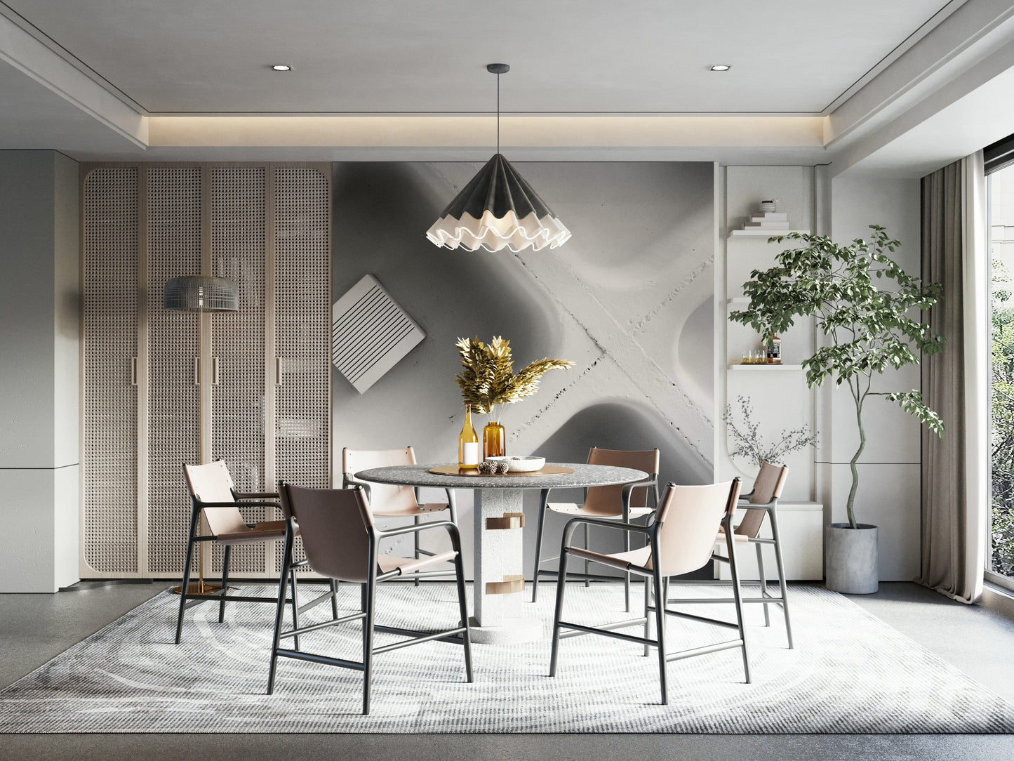 An artistic quiet landscape mural on minimalist wallpaper.

