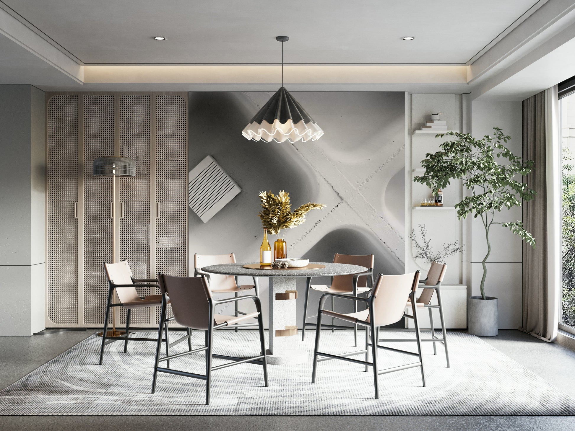 An artistic quiet landscape mural on minimalist wallpaper.

