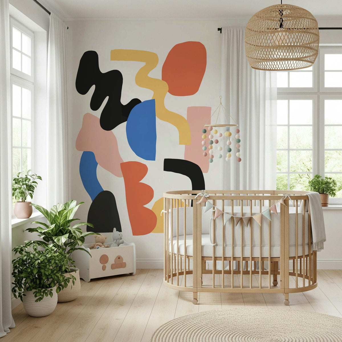 Modern abstract art with colorful rectangular shapes, Block Party mural