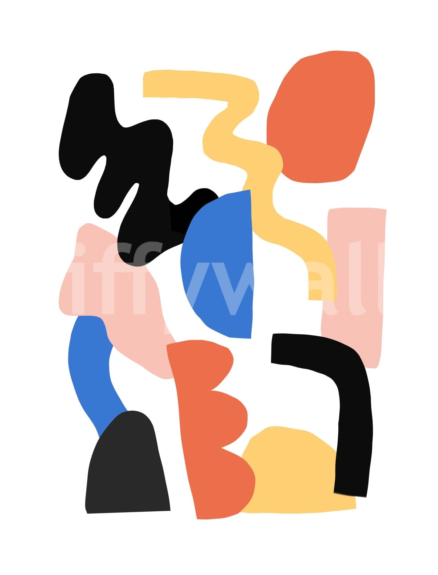 Abstract Block Party wall mural shown as a full-wall design of black, orange, blue and yellow cut-out shapes on white